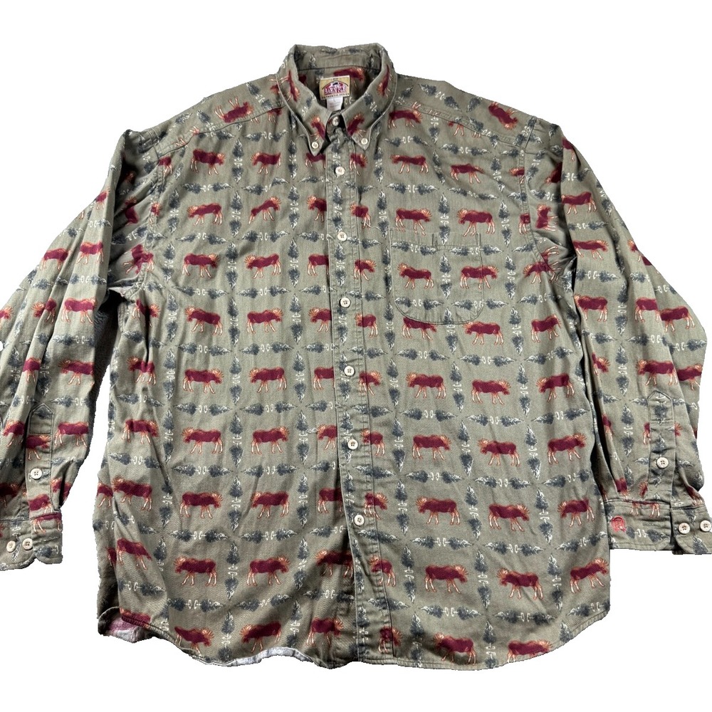 Barn Fly Authentic Design Moose Print Shirt L Olive Green All-Over Wildlife Butt